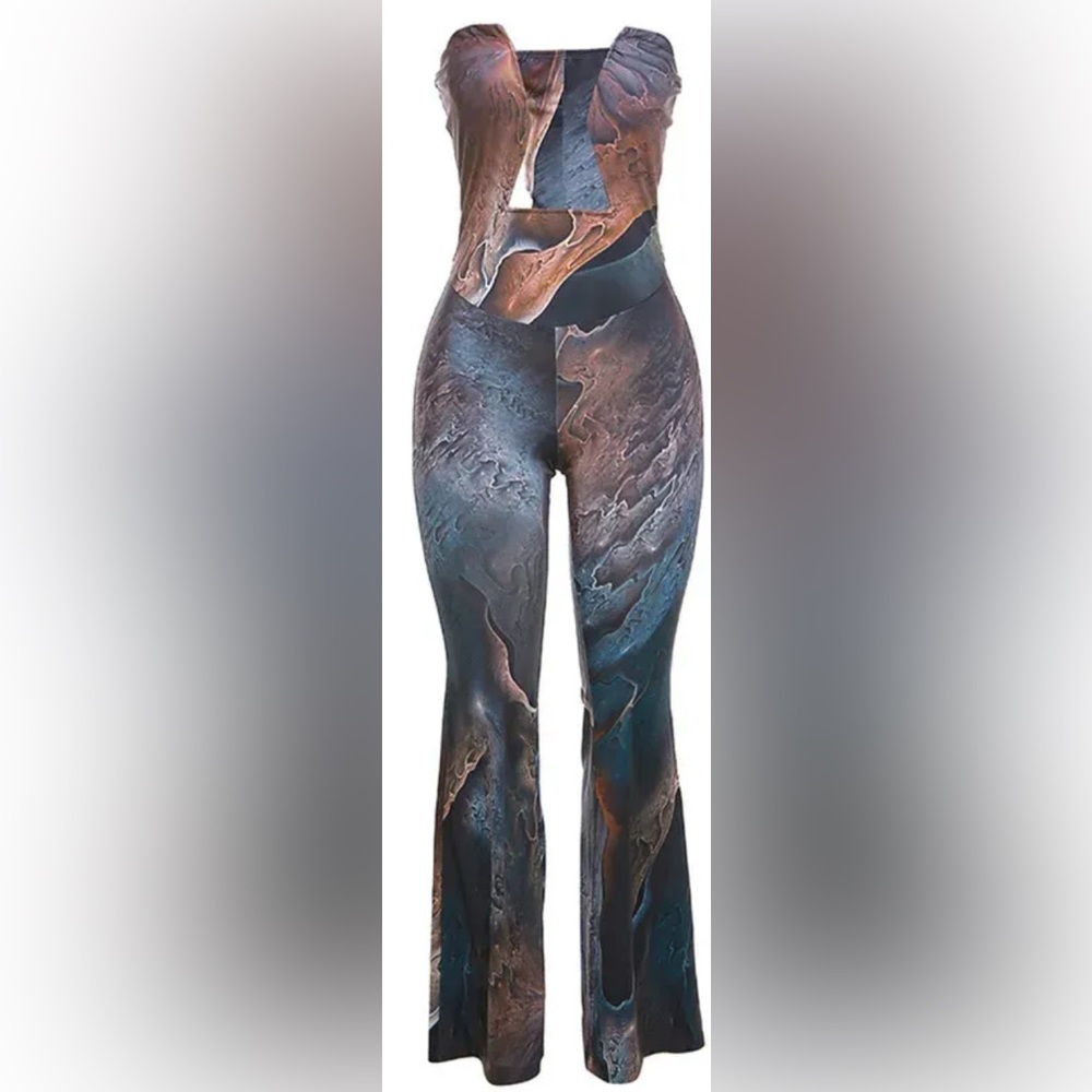 Sexy Deep V Oil Painting Graphic Printed Jumpsuit